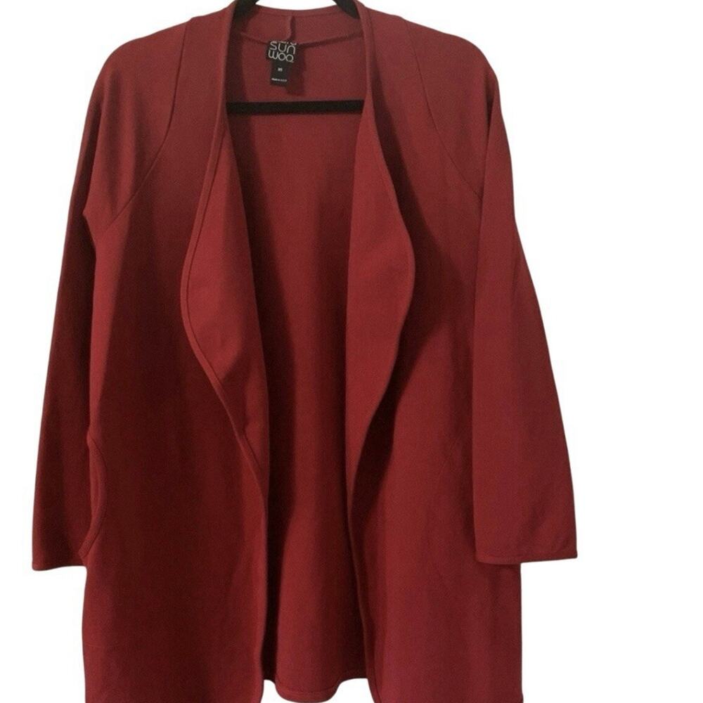 Clara Sun Woo Womens Sz XS Red Ponte Knit Cardigan Open Front Pockets
